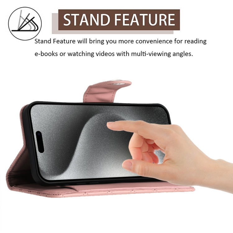 For iPhone 15 Pro Rhombic Texture Flip Leather Phone Case with Lanyard(Coral Pink) - HoMEdemic™ 