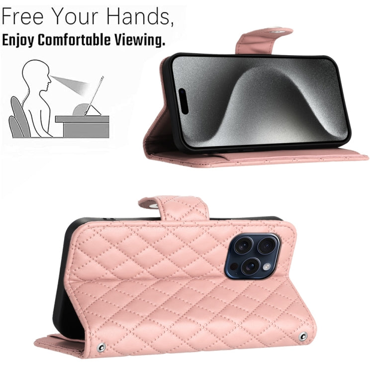 For iPhone 15 Pro Rhombic Texture Flip Leather Phone Case with Lanyard(Coral Pink) - HoMEdemic™ 