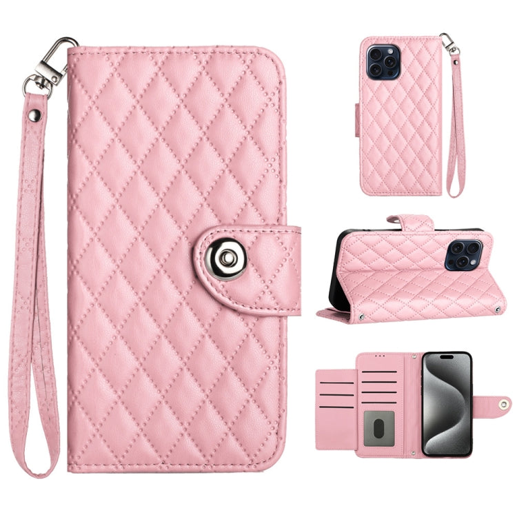 For iPhone 15 Pro Rhombic Texture Flip Leather Phone Case with Lanyard(Pink) - HoMEdemic™ 