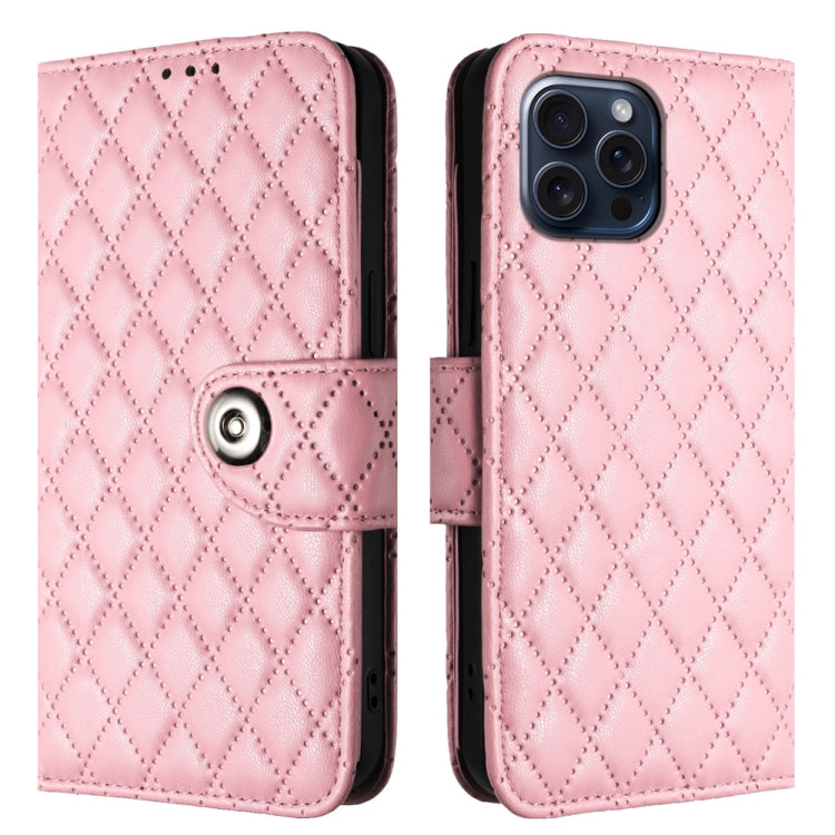 For iPhone 15 Pro Rhombic Texture Flip Leather Phone Case with Lanyard(Pink) - HoMEdemic™ 