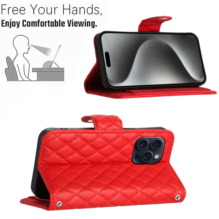 For iPhone 15 Pro Rhombic Texture Flip Leather Phone Case with Lanyard(Red) - HoMEdemic™ 