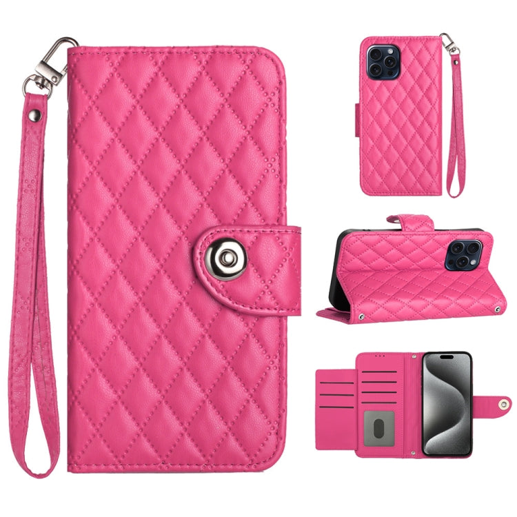 For iPhone 15 Pro Rhombic Texture Flip Leather Phone Case with Lanyard(Rose Red) - HoMEdemic™ 