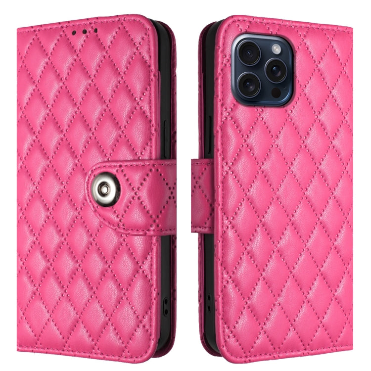 For iPhone 15 Pro Rhombic Texture Flip Leather Phone Case with Lanyard(Rose Red) - HoMEdemic™ 