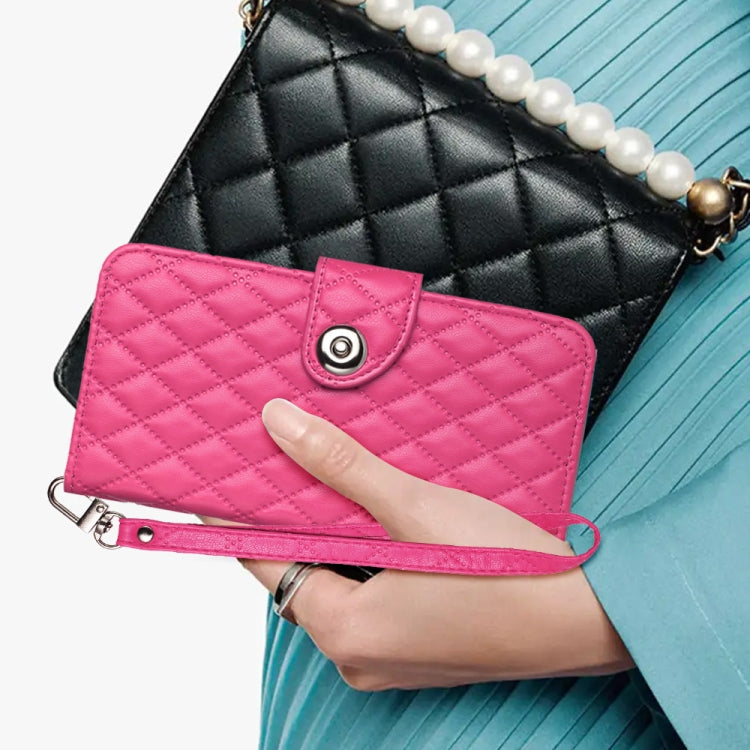 For iPhone 15 Pro Rhombic Texture Flip Leather Phone Case with Lanyard(Rose Red) - HoMEdemic™ 