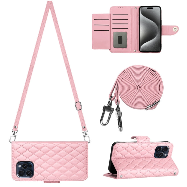 For iPhone 15 Pro Rhombic Texture Flip Leather Phone Case with Long Lanyard(Pink) - HoMEdemic™ 