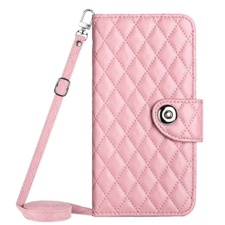 For iPhone 15 Pro Rhombic Texture Flip Leather Phone Case with Long Lanyard(Pink) - HoMEdemic™ 