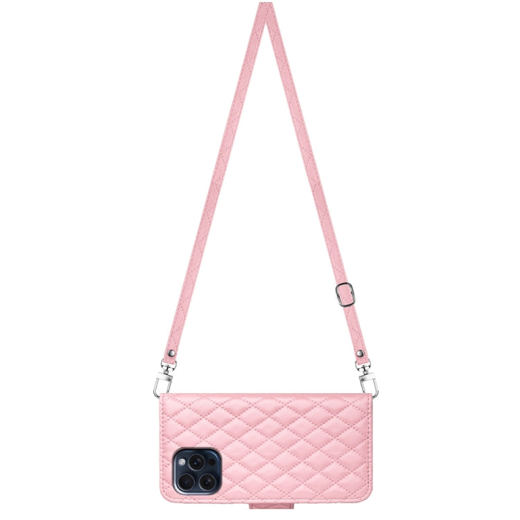 For iPhone 15 Pro Rhombic Texture Flip Leather Phone Case with Long Lanyard(Pink) - HoMEdemic™ 
