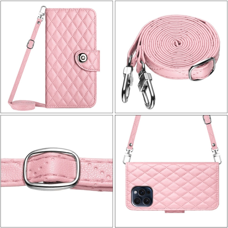 For iPhone 15 Pro Rhombic Texture Flip Leather Phone Case with Long Lanyard(Pink) - HoMEdemic™ 