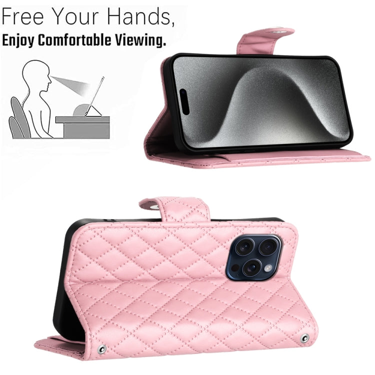 For iPhone 15 Pro Rhombic Texture Flip Leather Phone Case with Long Lanyard(Pink) - HoMEdemic™ 