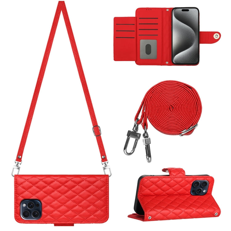 For iPhone 15 Pro Rhombic Texture Flip Leather Phone Case with Long Lanyard(Red) - HoMEdemic™ 
