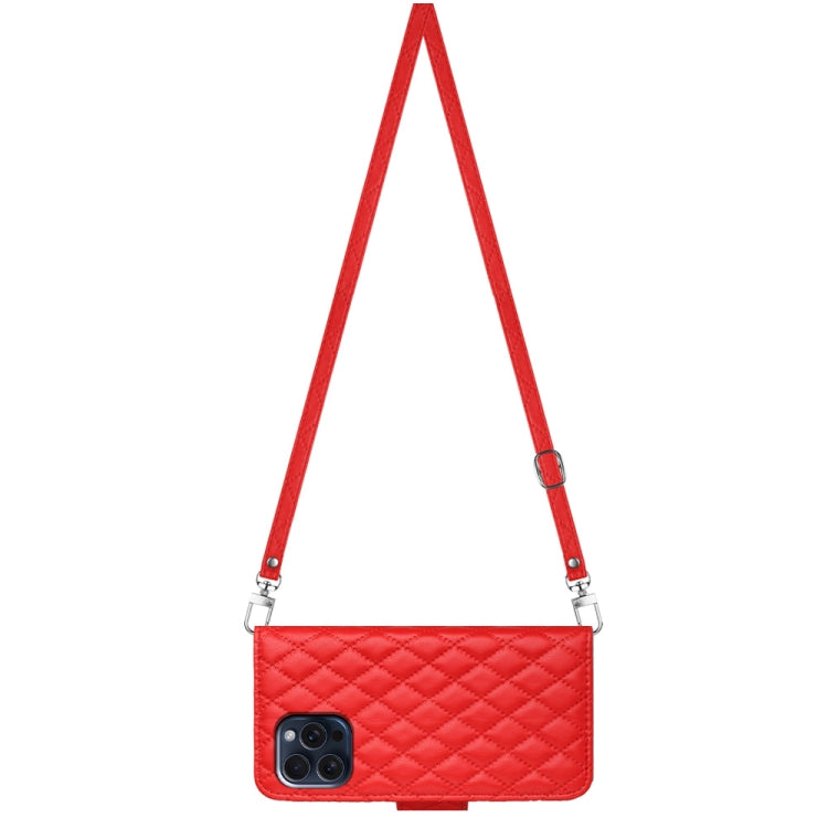 For iPhone 15 Pro Rhombic Texture Flip Leather Phone Case with Long Lanyard(Red) - HoMEdemic™ 