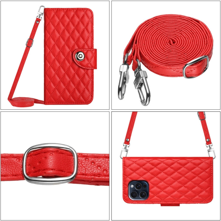 For iPhone 15 Pro Rhombic Texture Flip Leather Phone Case with Long Lanyard(Red) - HoMEdemic™ 