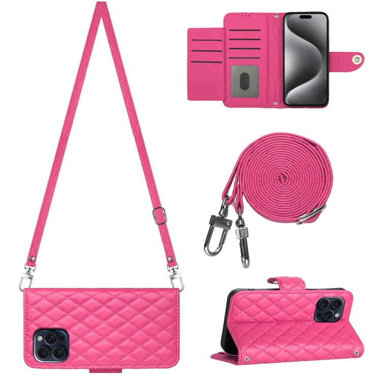 For iPhone 15 Pro Rhombic Texture Flip Leather Phone Case with Long Lanyard(Rose Red) - HoMEdemic™ 