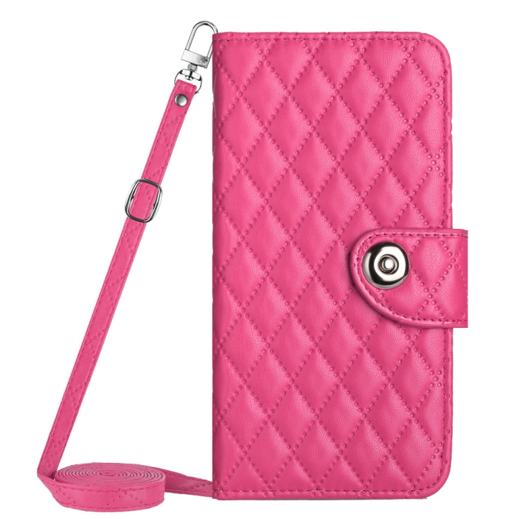 For iPhone 15 Pro Rhombic Texture Flip Leather Phone Case with Long Lanyard(Rose Red) - HoMEdemic™ 