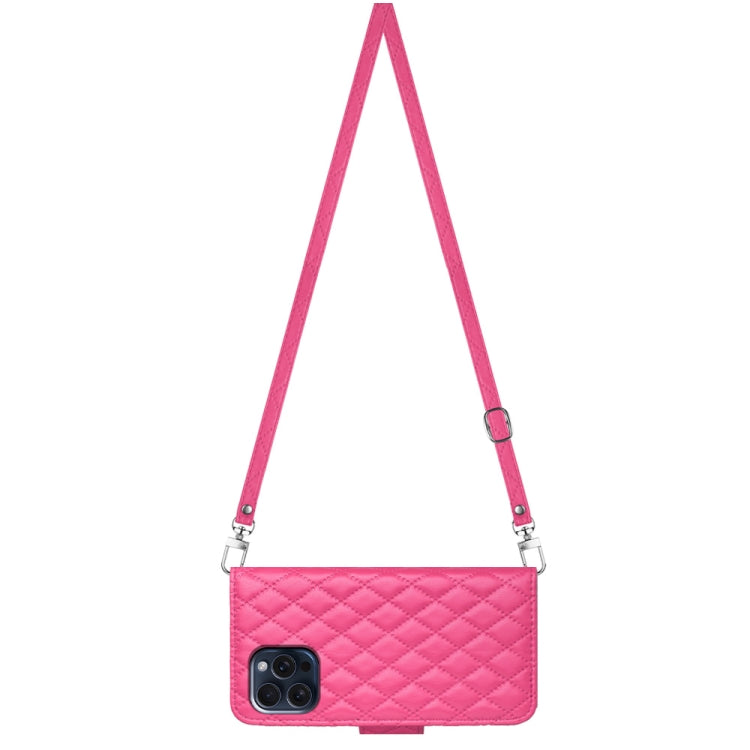 For iPhone 15 Pro Rhombic Texture Flip Leather Phone Case with Long Lanyard(Rose Red) - HoMEdemic™ 