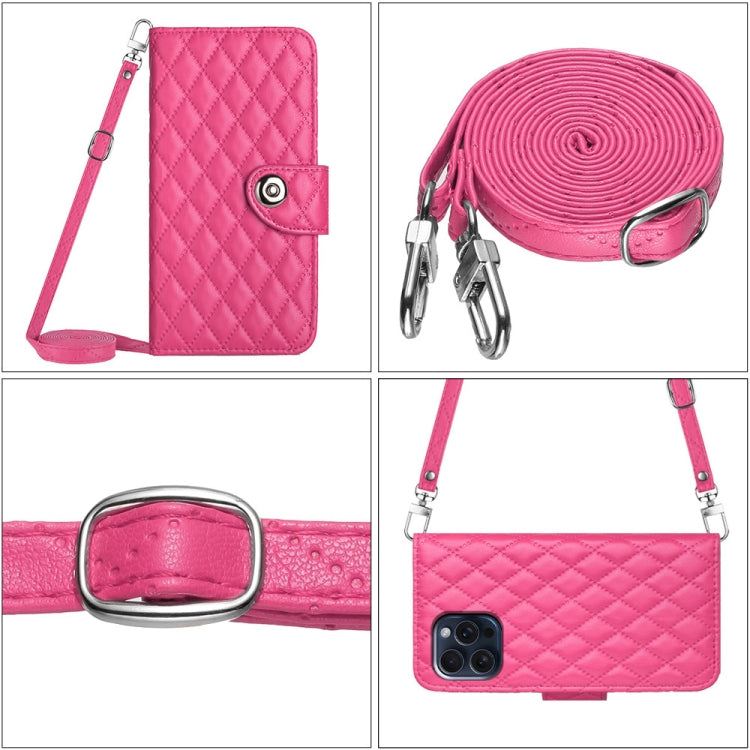 For iPhone 15 Pro Rhombic Texture Flip Leather Phone Case with Long Lanyard(Rose Red) - HoMEdemic™ 
