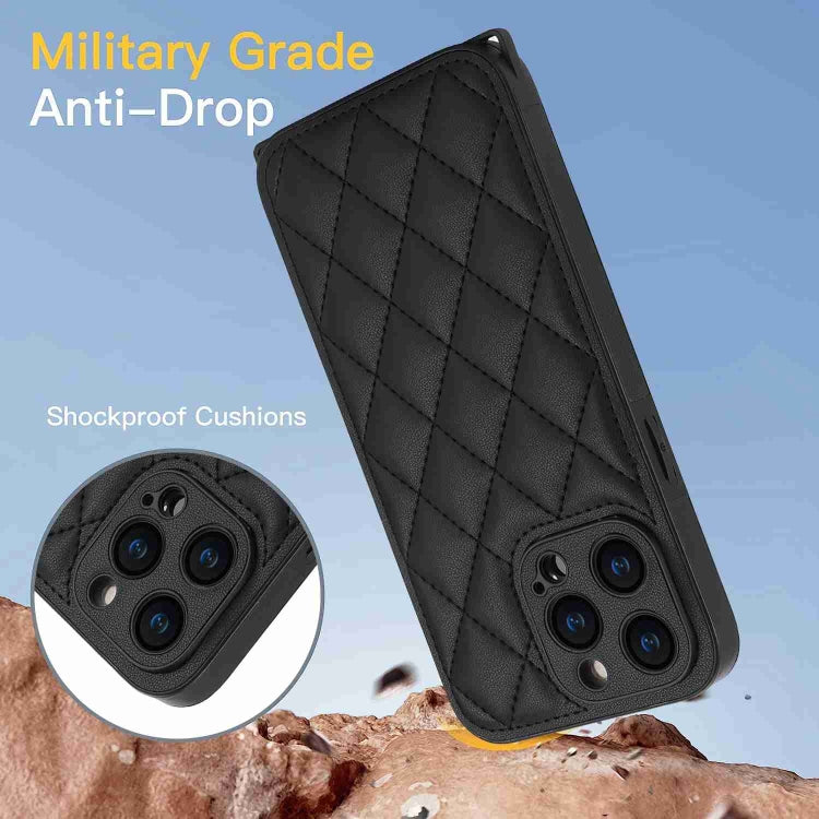 For iPhone 15 Pro Rhombic Texture Phone Case with Dual Lanyard(Black) - HoMEdemic™ 
