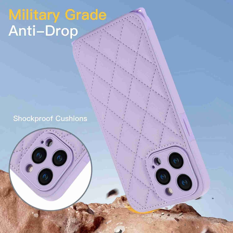 For iPhone 15 Pro Rhombic Texture Phone Case with Dual Lanyard(Purple) - HoMEdemic™ 