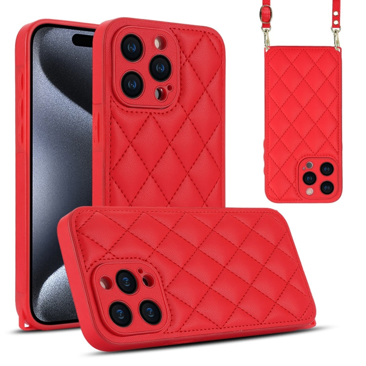For iPhone 15 Pro Rhombic Texture Phone Case with Dual Lanyard(Red) - HoMEdemic™ 