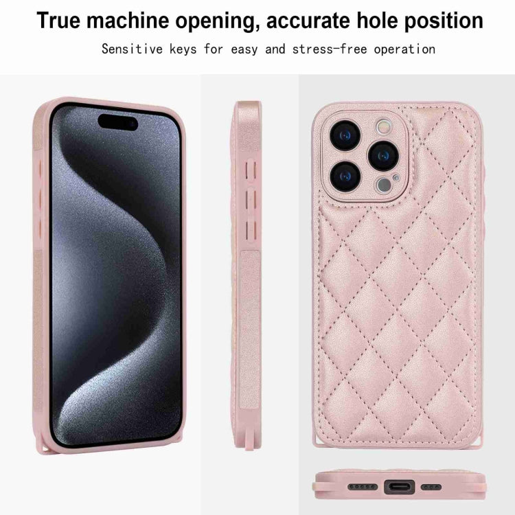 For iPhone 15 Pro Rhombic Texture Phone Case with Dual Lanyard(Rose Gold) - HoMEdemic™ 