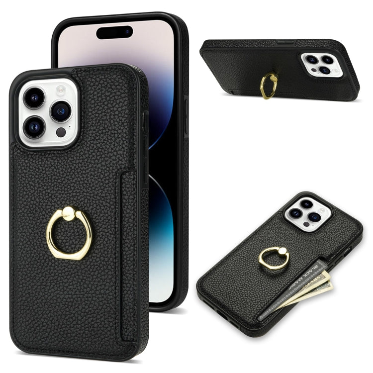 For iPhone 15 Pro Ring Card  Litchi Leather Back Phone Case(Black) - HoMEdemic™ 