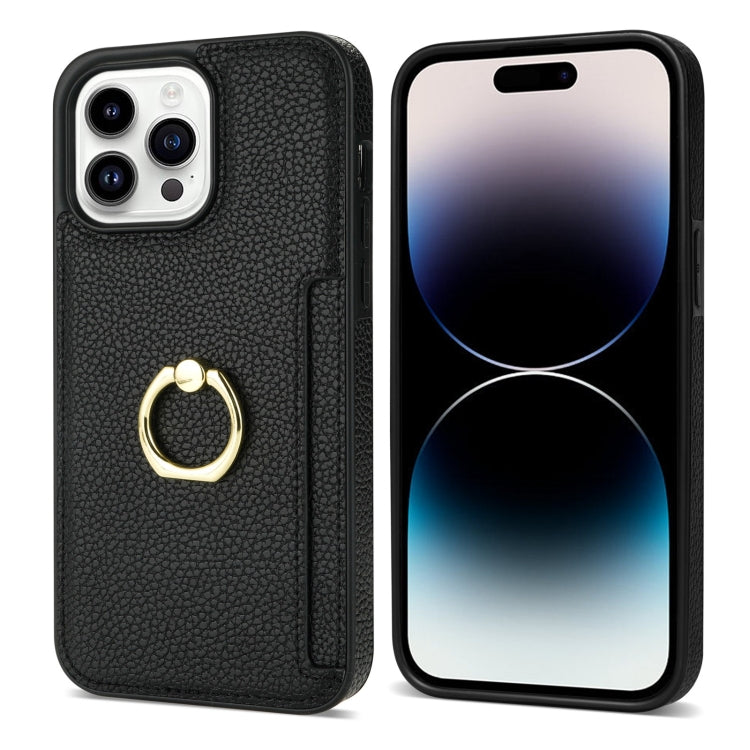 For iPhone 15 Pro Ring Card  Litchi Leather Back Phone Case(Black) - HoMEdemic™ 