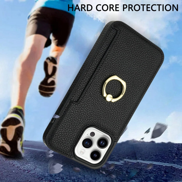 For iPhone 15 Pro Ring Card  Litchi Leather Back Phone Case(Black) - HoMEdemic™ 
