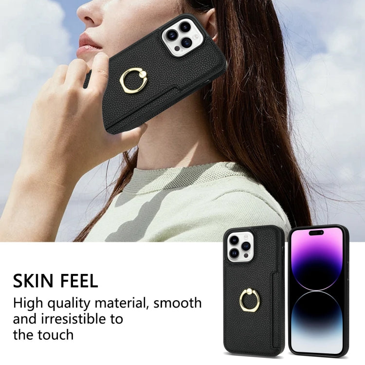 For iPhone 15 Pro Ring Card  Litchi Leather Back Phone Case(Black) - HoMEdemic™ 