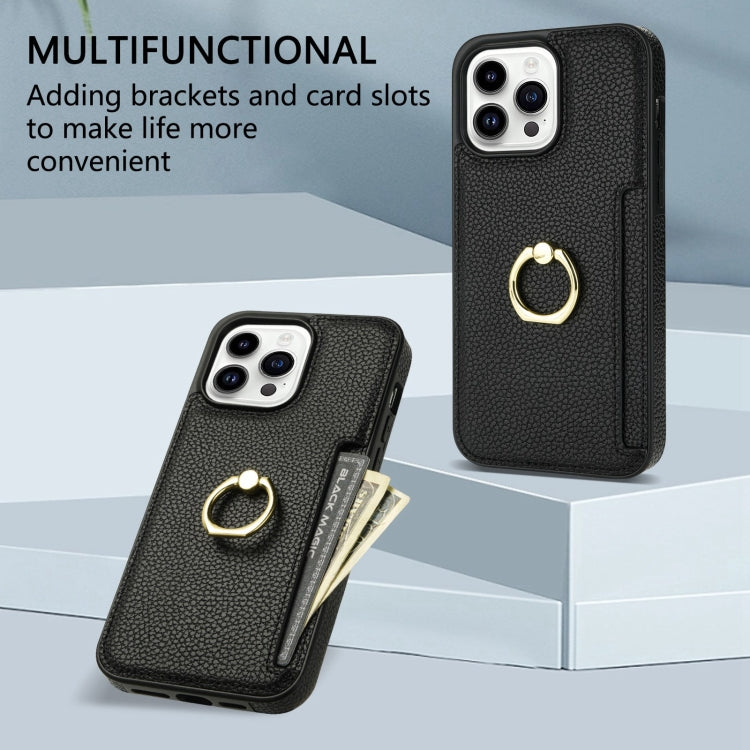 For iPhone 15 Pro Ring Card  Litchi Leather Back Phone Case(Black) - HoMEdemic™ 