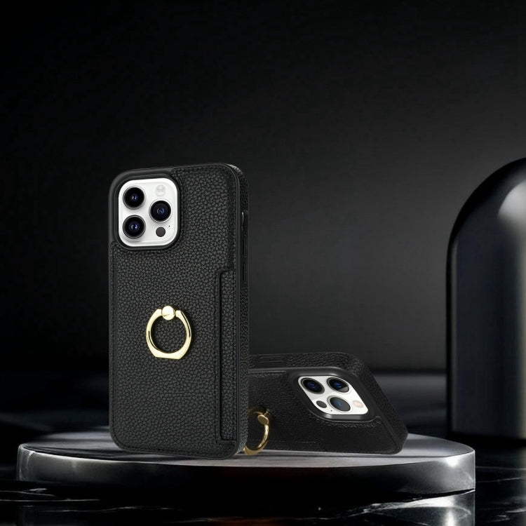 For iPhone 15 Pro Ring Card  Litchi Leather Back Phone Case(Black) - HoMEdemic™ 
