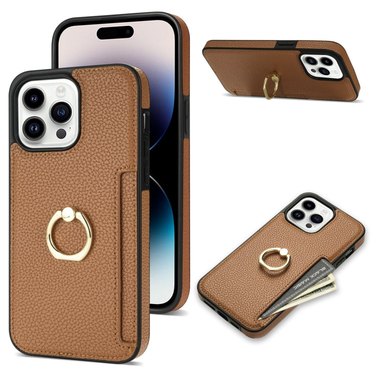 For iPhone 15 Pro Ring Card  Litchi Leather Back Phone Case(Brown) - HoMEdemic™ 