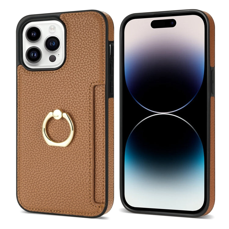 For iPhone 15 Pro Ring Card  Litchi Leather Back Phone Case(Brown) - HoMEdemic™ 