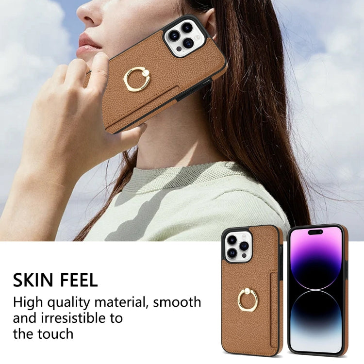 For iPhone 15 Pro Ring Card  Litchi Leather Back Phone Case(Brown) - HoMEdemic™ 