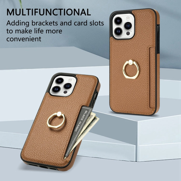 For iPhone 15 Pro Ring Card  Litchi Leather Back Phone Case(Brown) - HoMEdemic™ 