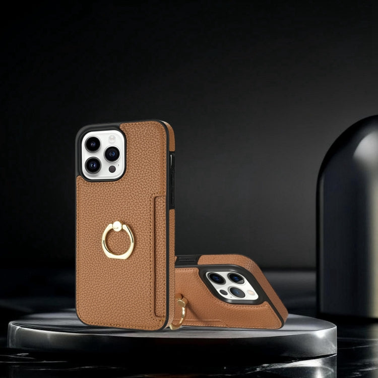 For iPhone 15 Pro Ring Card  Litchi Leather Back Phone Case(Brown) - HoMEdemic™ 