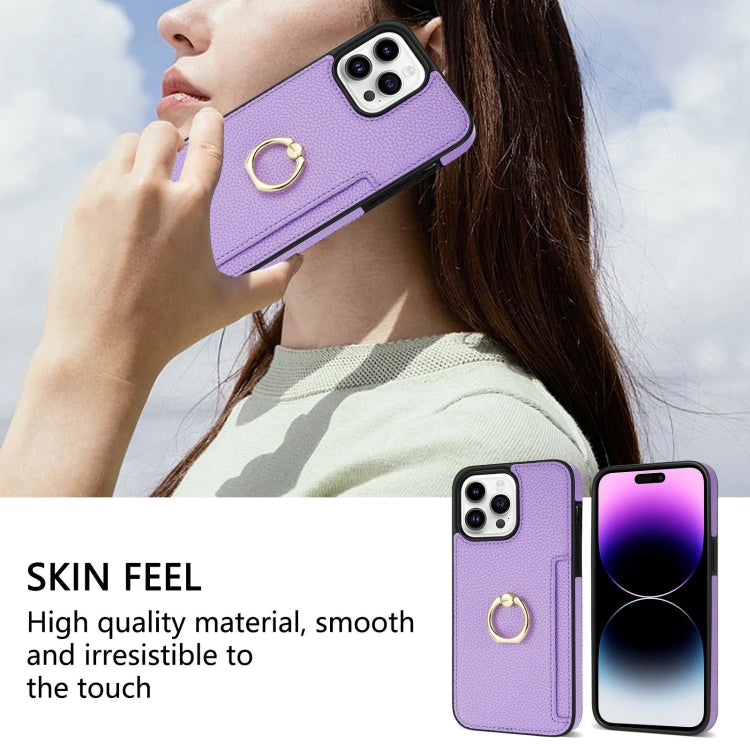For iPhone 15 Pro Ring Card  Litchi Leather Back Phone Case(Purple) - HoMEdemic™ 