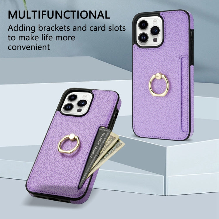 For iPhone 15 Pro Ring Card  Litchi Leather Back Phone Case(Purple) - HoMEdemic™ 