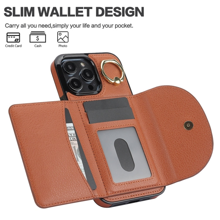 For iPhone 15 Pro Ring Holder Card Bag Skin Feel Phone Case(Brown) - HoMEdemic™ 
