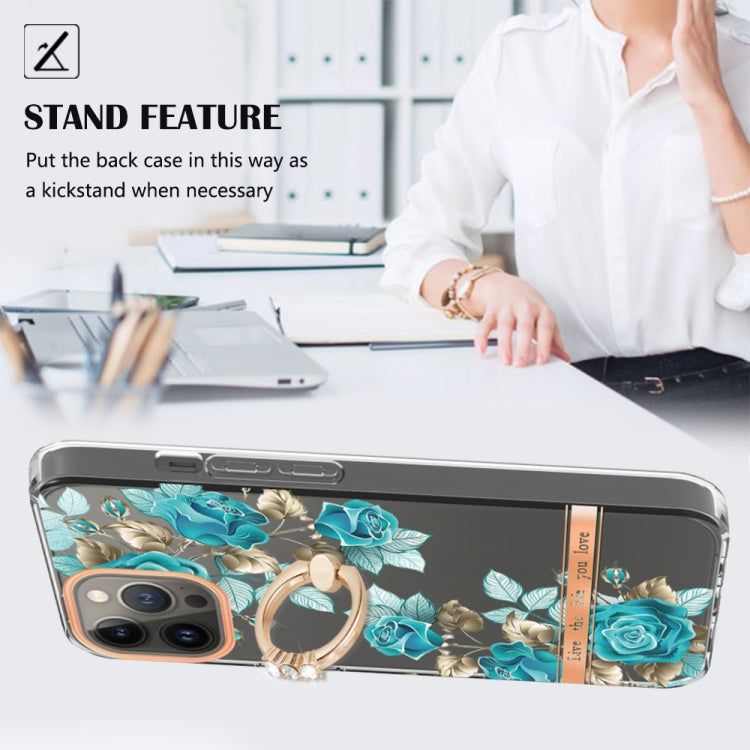 For iPhone 15 Pro Ring IMD Flowers TPU Phone Case(Blue Rose) - HoMEdemic™ 