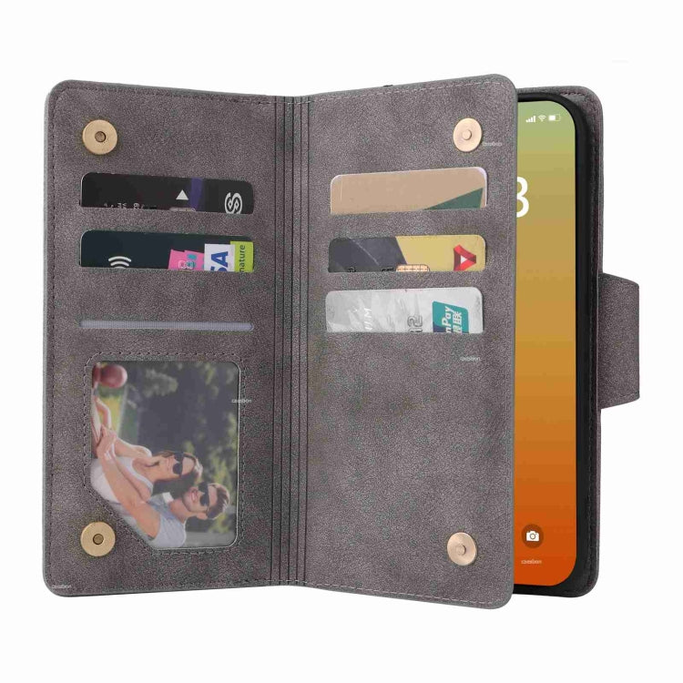 For iPhone 15 Pro Rivet Buckle 9 Cards Three Fold Leather Phone Case(Grey) - HoMEdemic™ 
