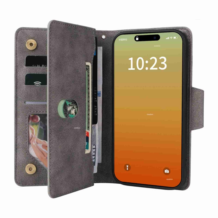 For iPhone 15 Pro Rivet Buckle 9 Cards Three Fold Leather Phone Case(Grey) - HoMEdemic™ 