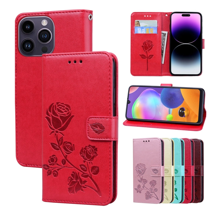 For iPhone 15 Pro Rose Embossed Flip PU Leather Phone Case(Red) - HoMEdemic™ 