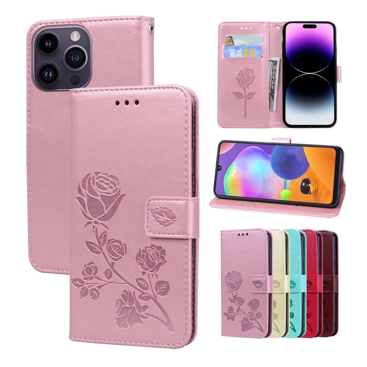 For iPhone 15 Pro Rose Embossed Flip PU Leather Phone Case(Rose Gold) - HoMEdemic™ 