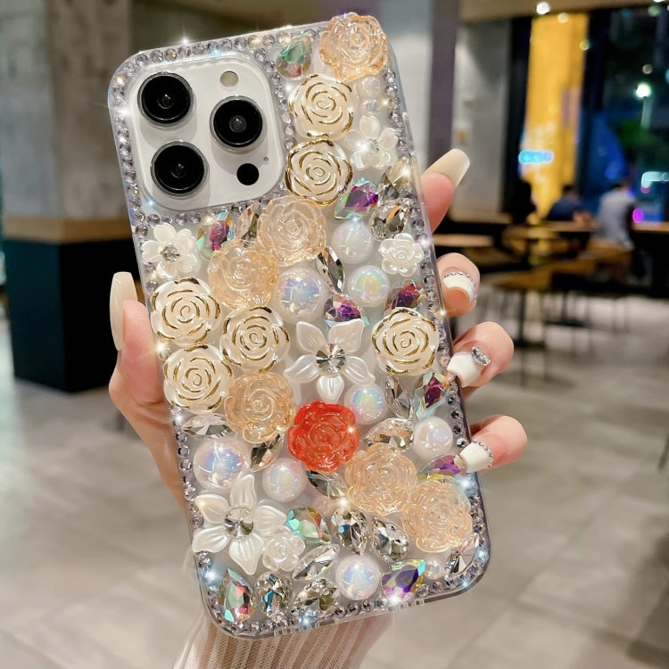 For iPhone 15 Pro Rose Hand-set Pearl Diamond PC Phone Case(Apricot) - HoMEdemic™ 