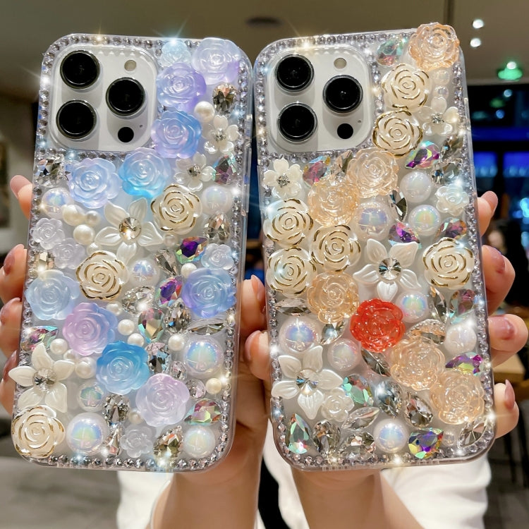 For iPhone 15 Pro Rose Hand-set Pearl Diamond PC Phone Case(Apricot) - HoMEdemic™ 