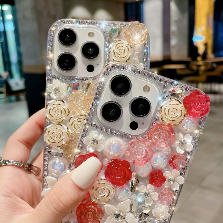 For iPhone 15 Pro Rose Hand-set Pearl Diamond PC Phone Case(Apricot) - HoMEdemic™ 