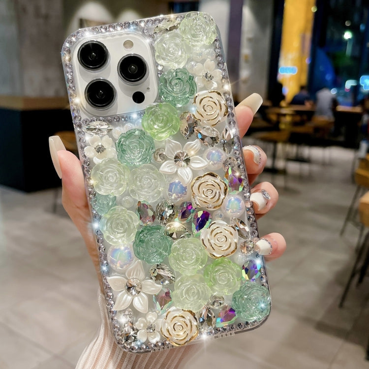 For iPhone 15 Pro Rose Hand-set Pearl Diamond PC Phone Case(Green) - HoMEdemic™ 