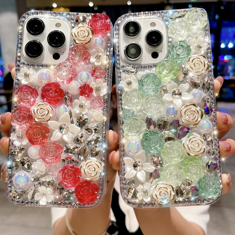 For iPhone 15 Pro Rose Hand-set Pearl Diamond PC Phone Case(Green) - HoMEdemic™ 