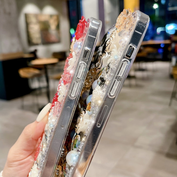 For iPhone 15 Pro Rose Hand-set Pearl Diamond PC Phone Case(Red) - HoMEdemic™ 