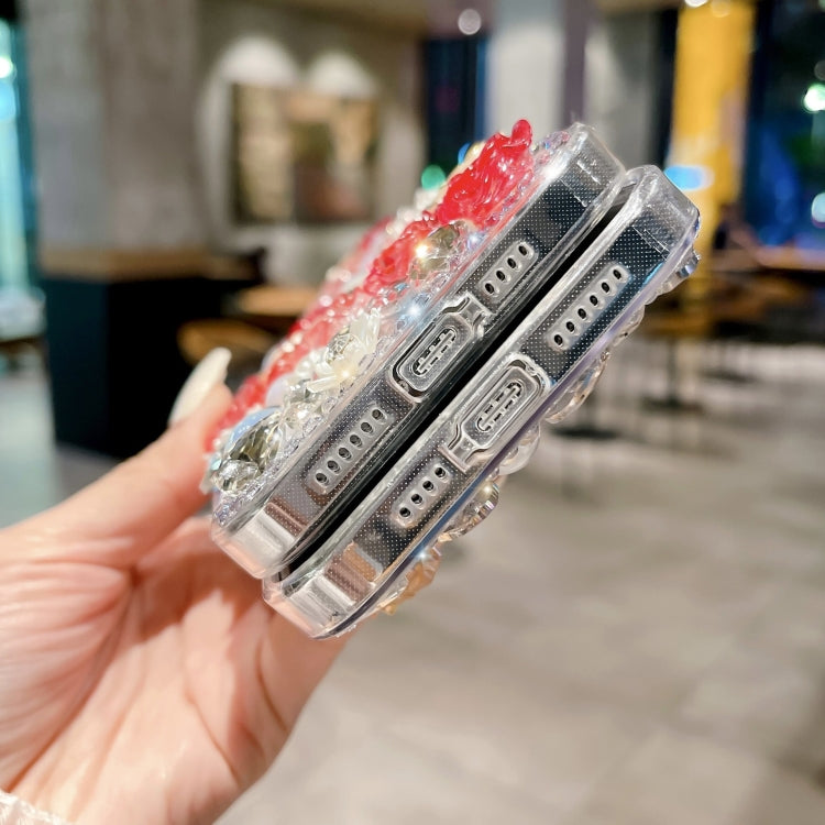 For iPhone 15 Pro Rose Hand-set Pearl Diamond PC Phone Case(Red) - HoMEdemic™ 